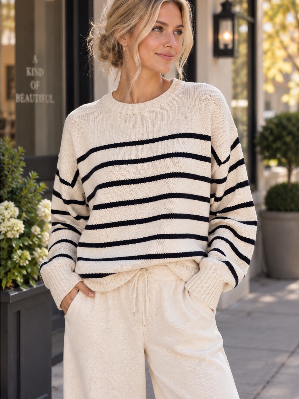 Brandy Melville Cream Crewneck Sweater with Black Stripes OS 100% Cotton